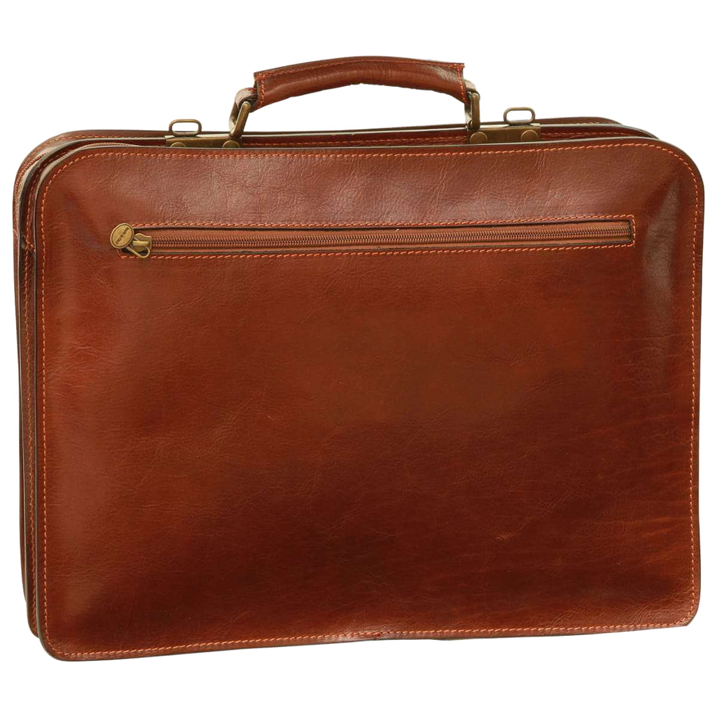 Cartella in pelle marrone con tasca frontale e fibbie metalliche