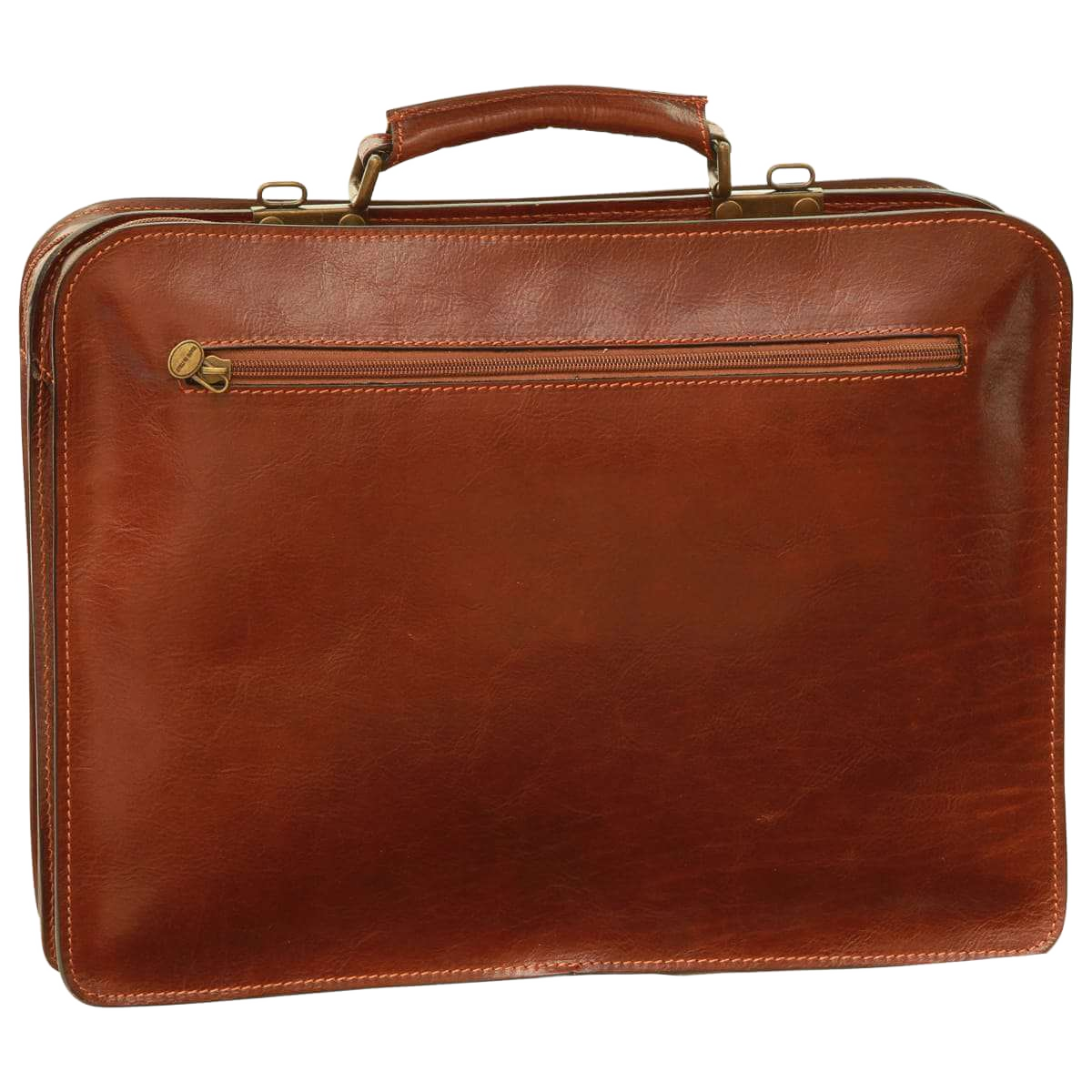 Cartella in pelle marrone con tasca frontale e fibbie metalliche