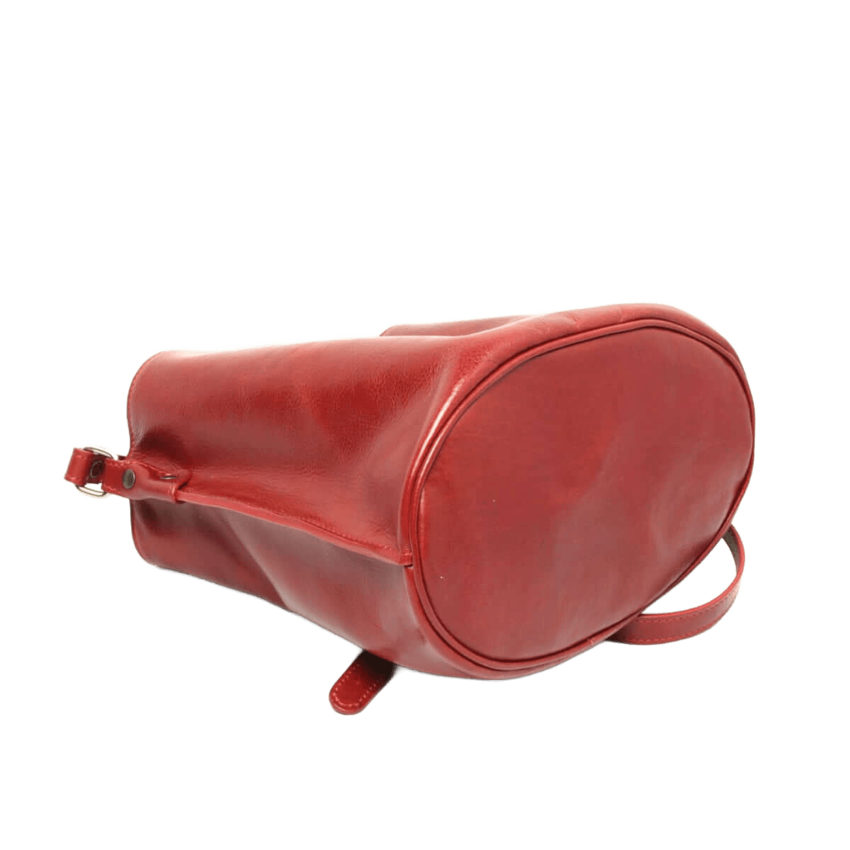 Borsa a secchiello rossa in pelle, profilo arrotondato con tracolla