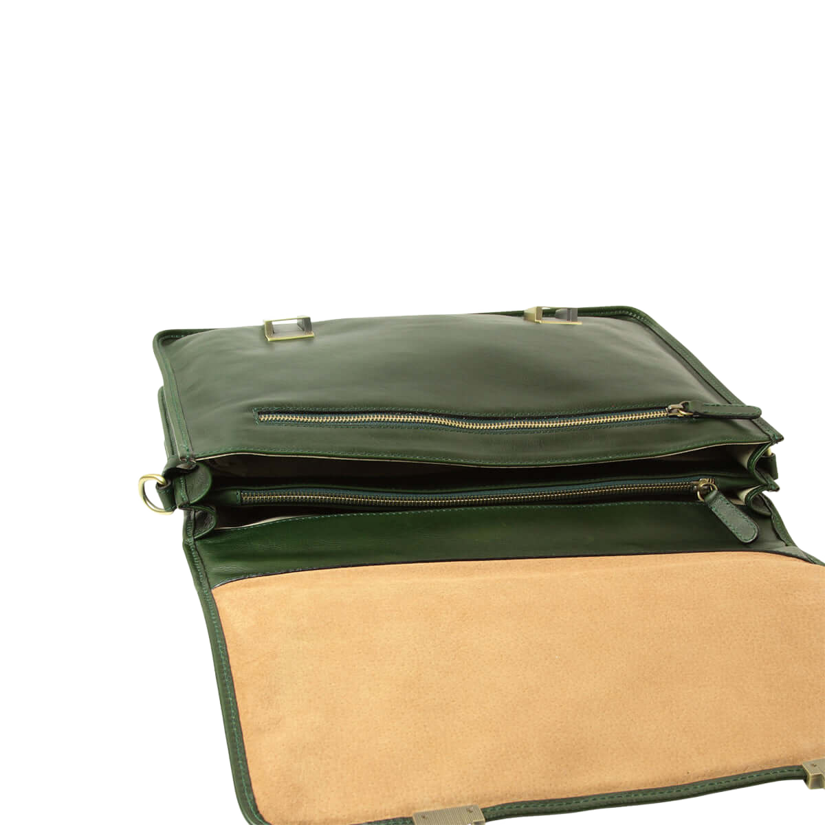 Cartella in pelle verde aperta con tasche interne e chiusura con cerniere