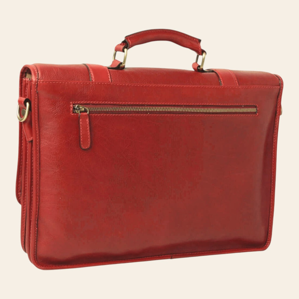 Cartella in pelle rossa con zip frontale e maniglia superiore