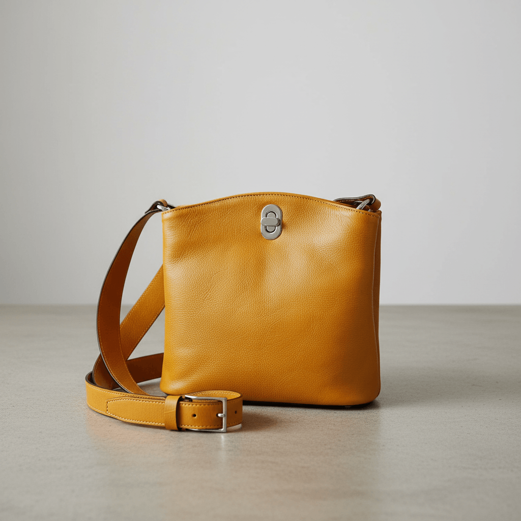 Borsa a secchiello in pelle pieno fiore ocra con tracolla e fibbia, chiusura centrale