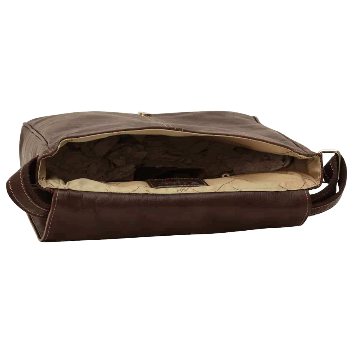 Borsa messenger in pelle marrone scuro aperta, interno foderato e tracolla