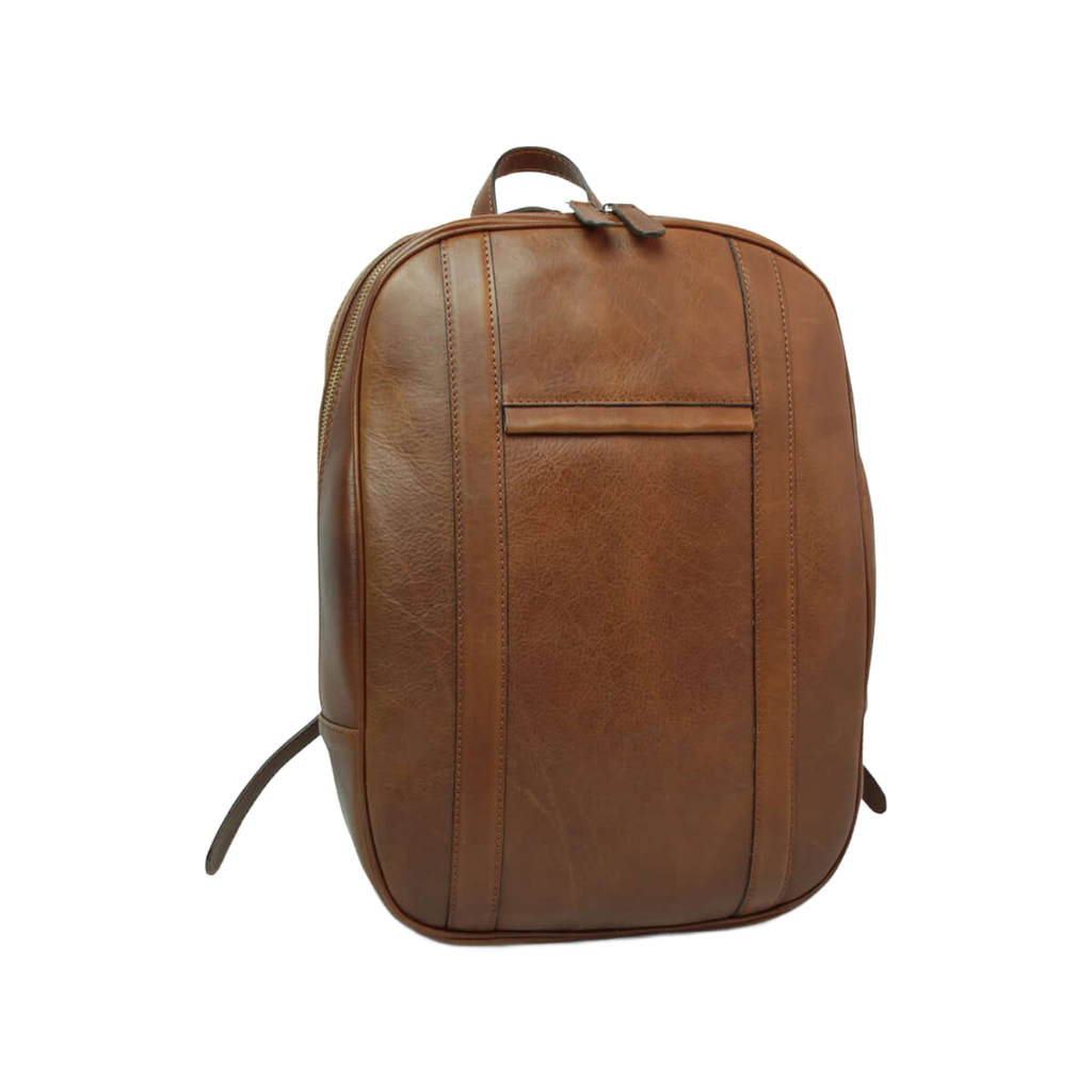 Zaino per laptop castagna con pannello frontale in rilievo e zip superiore.