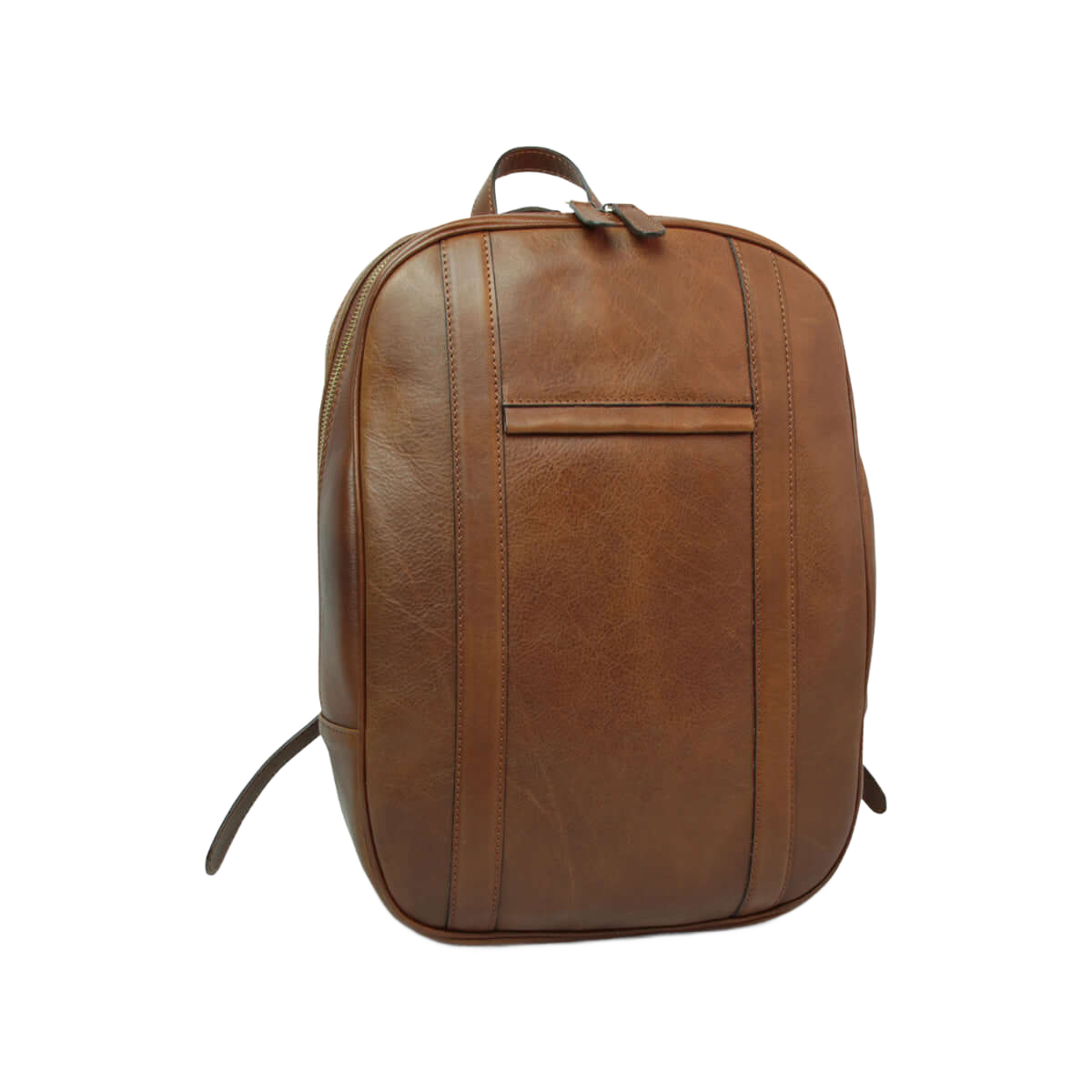 Zaino per laptop castagna con pannello frontale in rilievo e zip superiore.