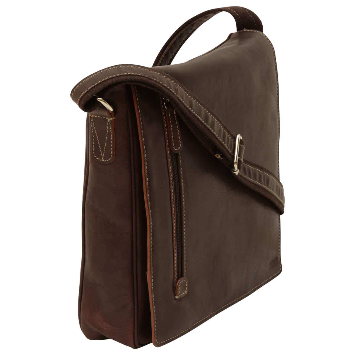 Borsa messenger in pelle marrone scuro con fibbia sulla pattina e tasca verticale