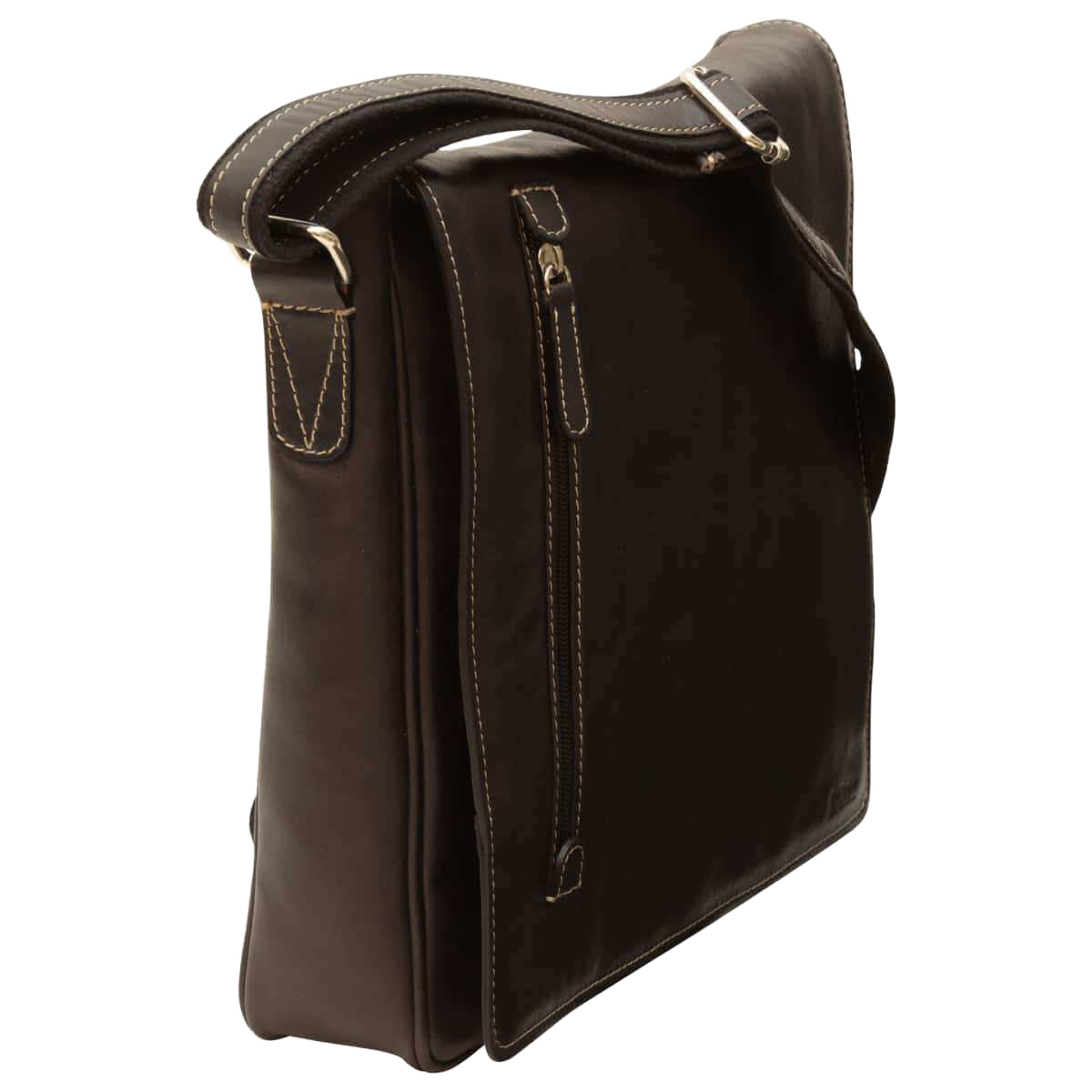 Borsa messenger in pelle nera vista laterale con passante per tracolla