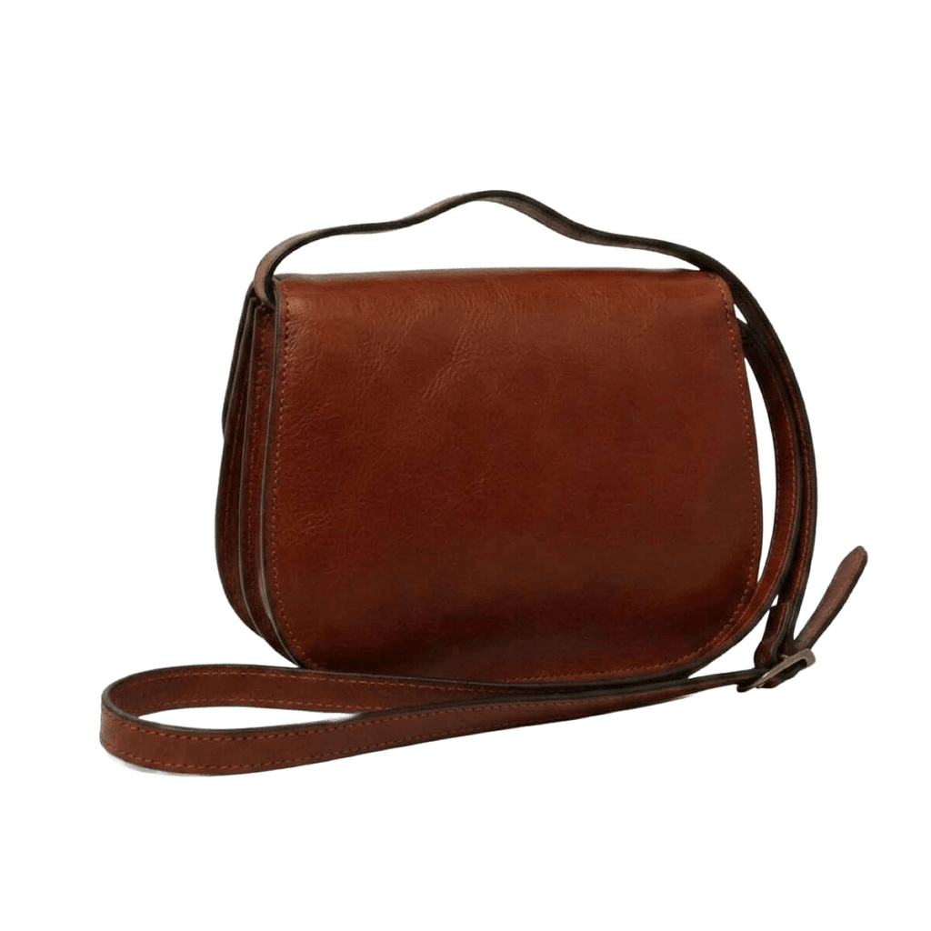 Borsa a tracolla in vitello mogano con patta arrotondata e tracolla in pelle