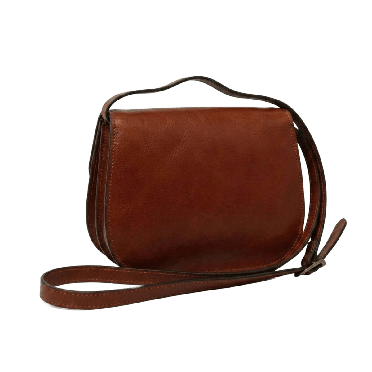 Borsa a tracolla in vitello mogano con patta arrotondata e tracolla in pelle