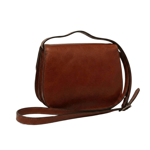 Borsa a tracolla in vitello mogano con patta arrotondata e tracolla in pelle