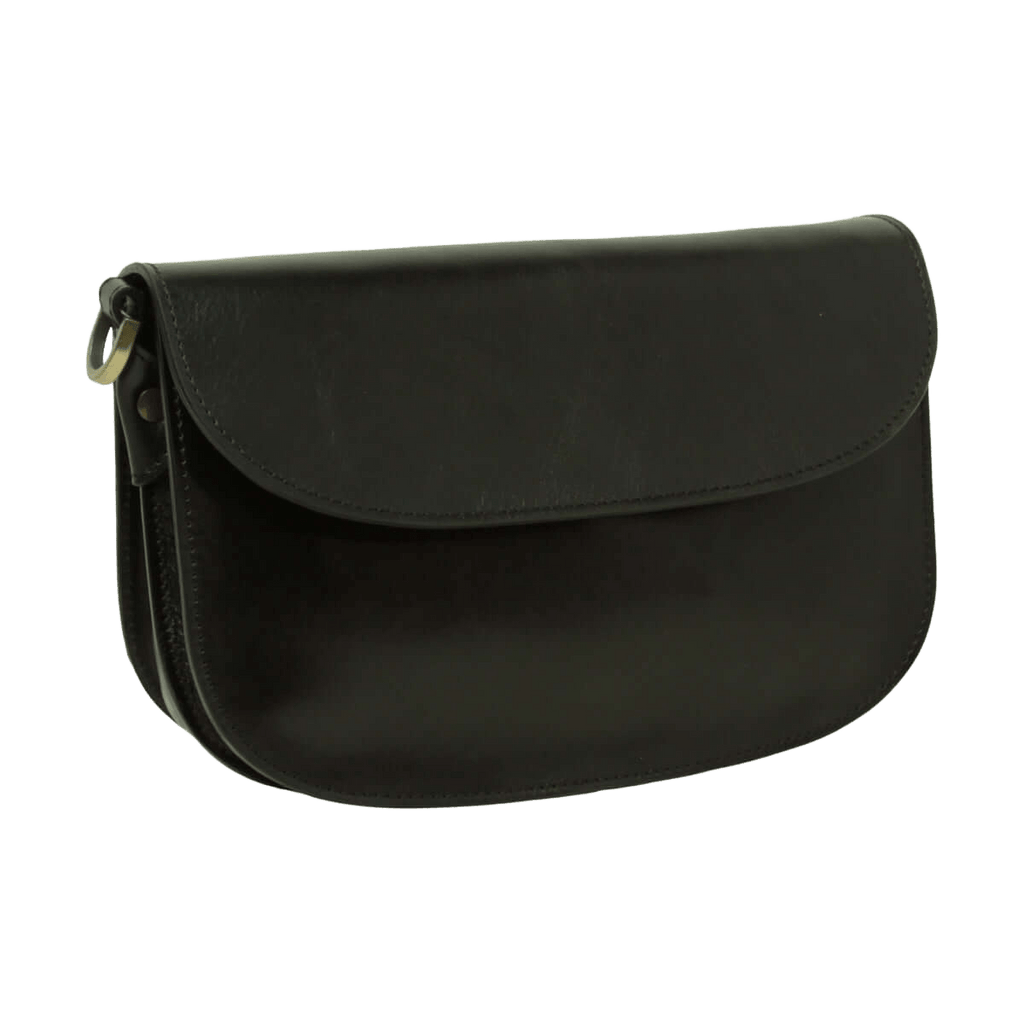 Borsa a tracolla nera in vitello con patta e chiusura a bottone, forma arrotondata.