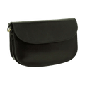 Borsa a tracolla nera in vitello con patta e chiusura a bottone, forma arrotondata.