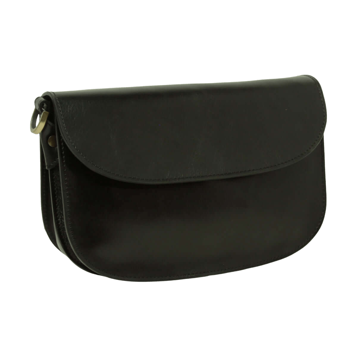 Borsa a tracolla nera in vitello con patta e chiusura a bottone, forma arrotondata.