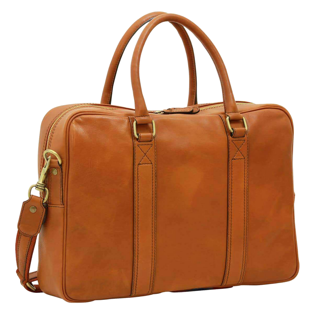 Cartella in pelle arancione con manici e fibbie, tasca con zip