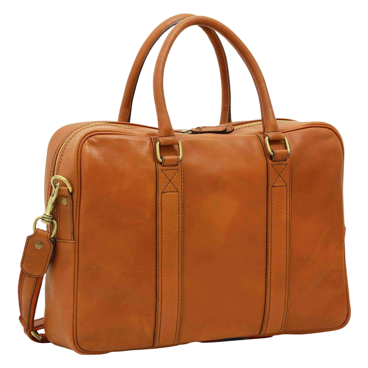 Cartella in pelle arancione con manici e fibbie, tasca con zip