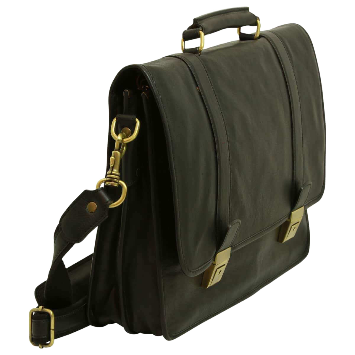 Cartella in pelle di vitello nera con tracolla regolabile e fibbie metalliche.