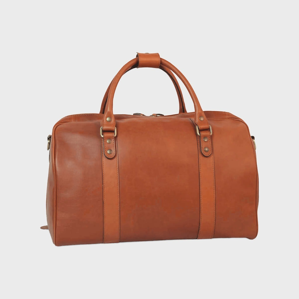 Borsa da viaggio in pelle pieno fiore color cuoio, con manici e cinturini.