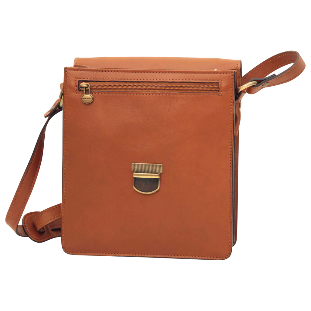 Borsa a tracolla in pelle marrone con zip superiore e fibbia centrale