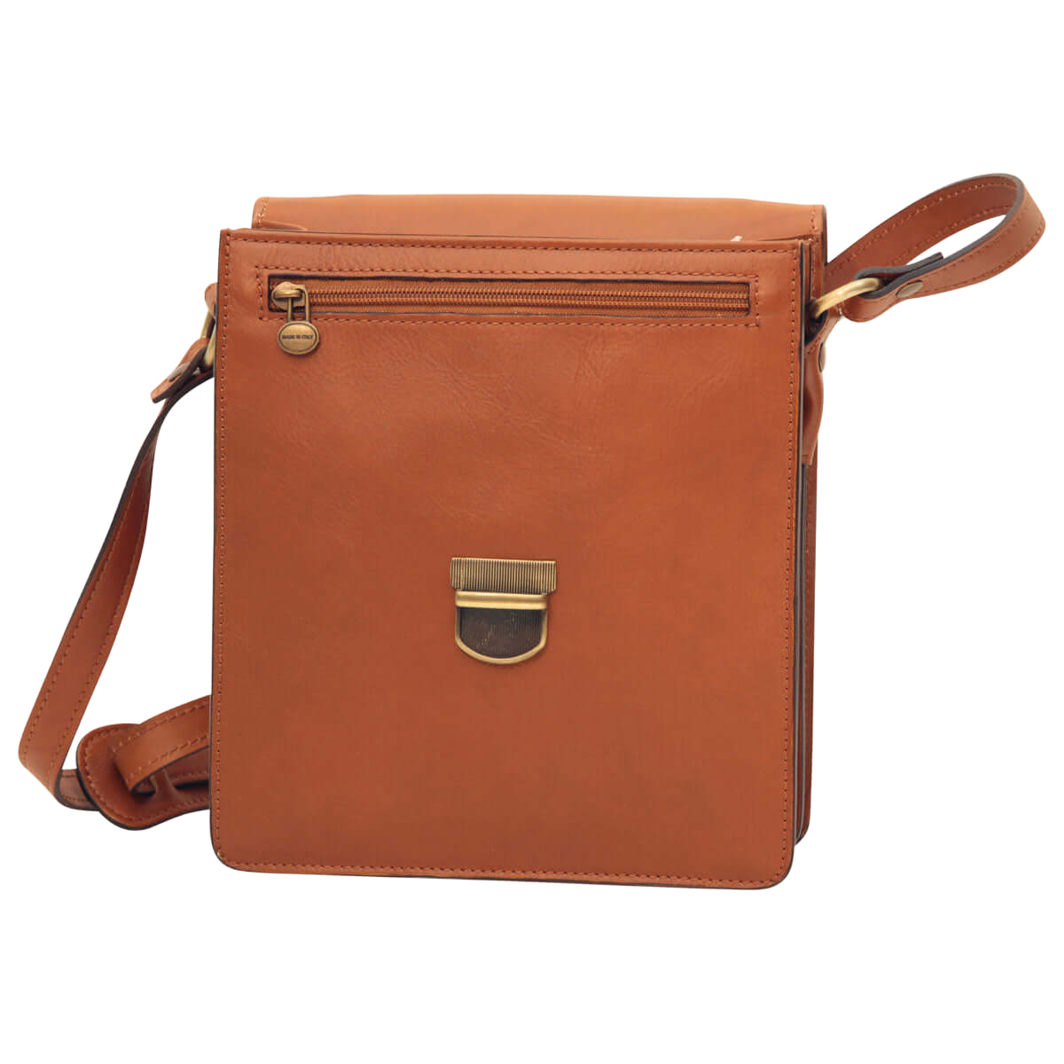 Borsa a tracolla in pelle marrone con zip superiore e fibbia centrale