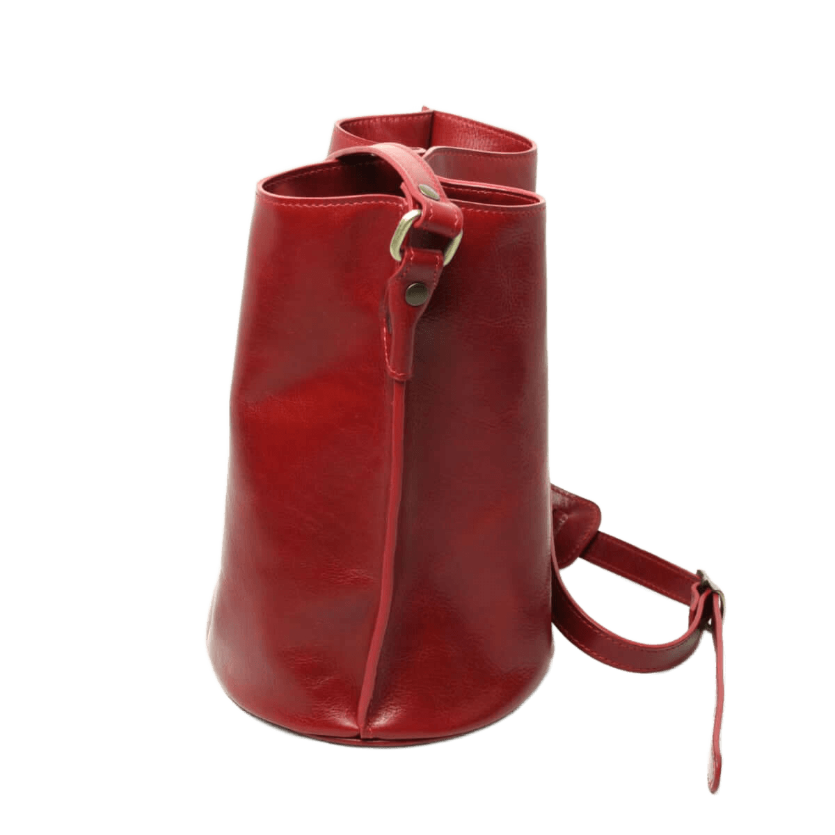 Borsa a secchiello rossa in pelle, chiusura con fibbia e tracolla