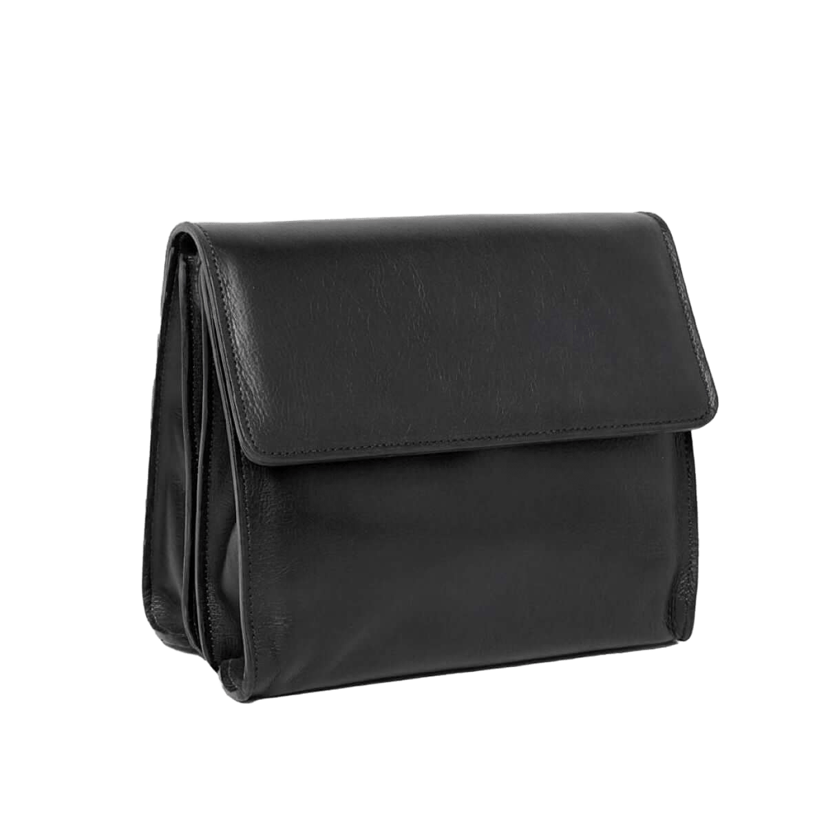 Borsa a tracolla nera in pelle con pattina frontale e bordi laterali