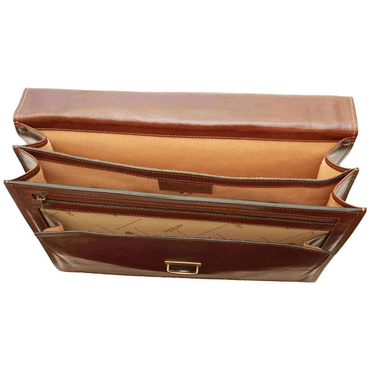 Borsa in pelle marrone aperta, interno chiaro e tasca frontale con zip.