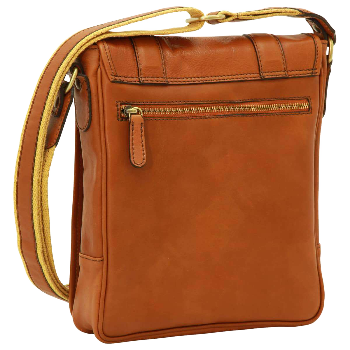 Borsa messenger in pelle cognac con patta frontale e tasca con zip
