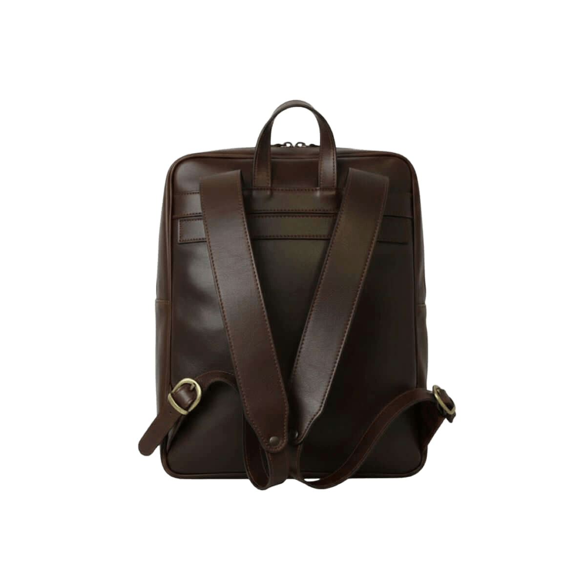 Zaino in pelle marrone scuro con tracolle anteriori, maniglia superiore e zip