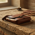 Borsa in pelle marrone per iPad con tracolla e fibbia frontale.