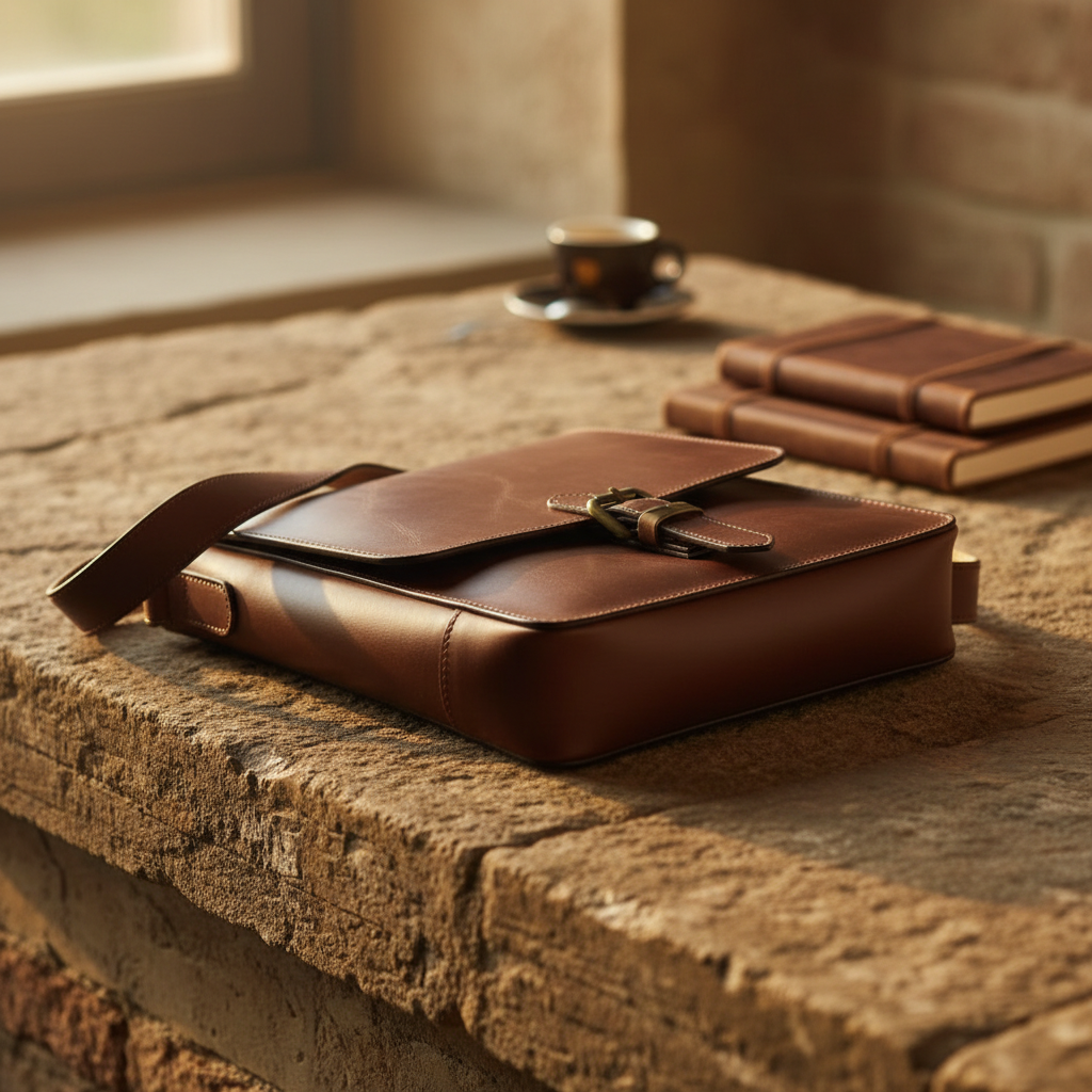 Borsa in pelle marrone per iPad con tracolla e fibbia frontale.