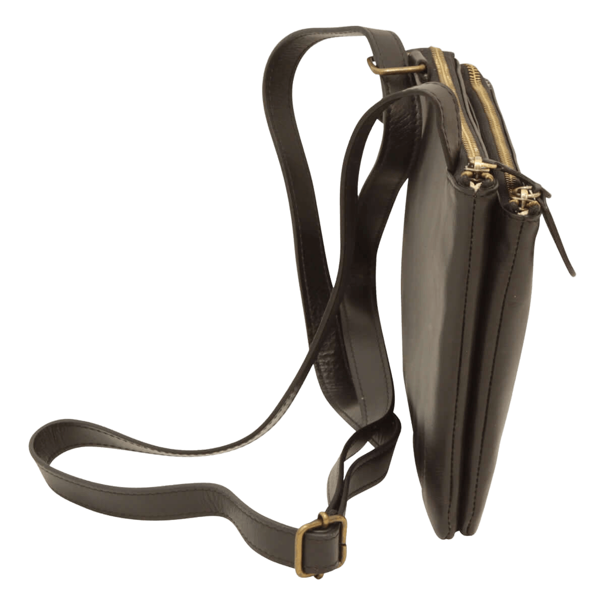 Borsa a tracolla in pelle nera con zip e tracolla regolabile, vista laterale.
