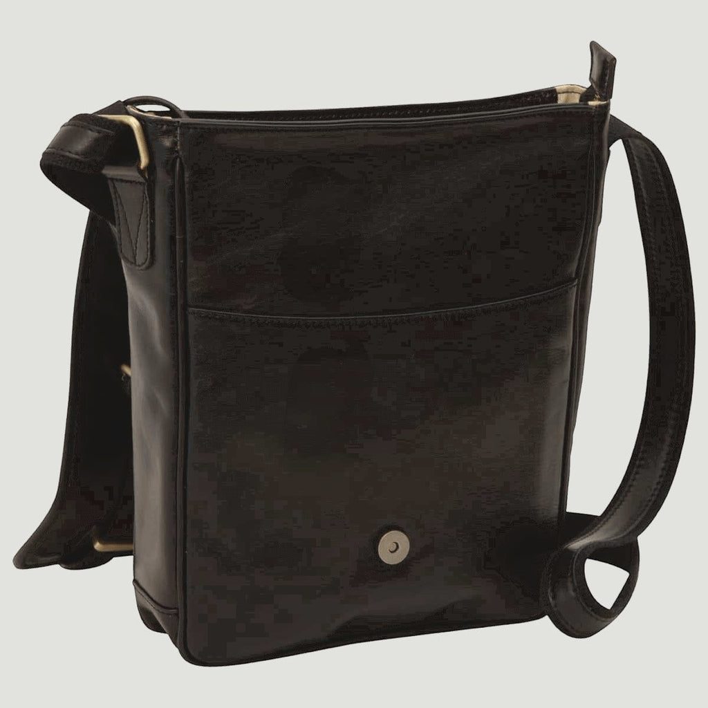 Borsa messenger in pelle di vitello nera con chiusura magnetica a bottone e zip