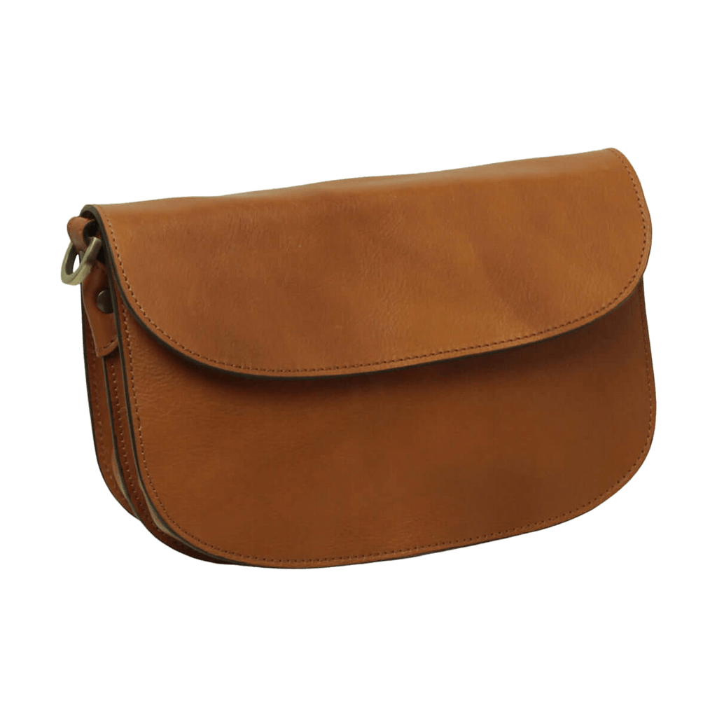 Borsa a tracolla in vitello marrone con pattina semicircolare e bordi cuciti