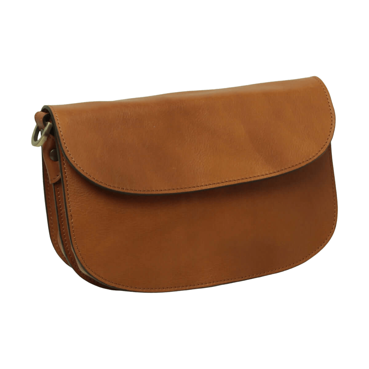 Borsa a tracolla in vitello marrone con pattina semicircolare e bordi cuciti