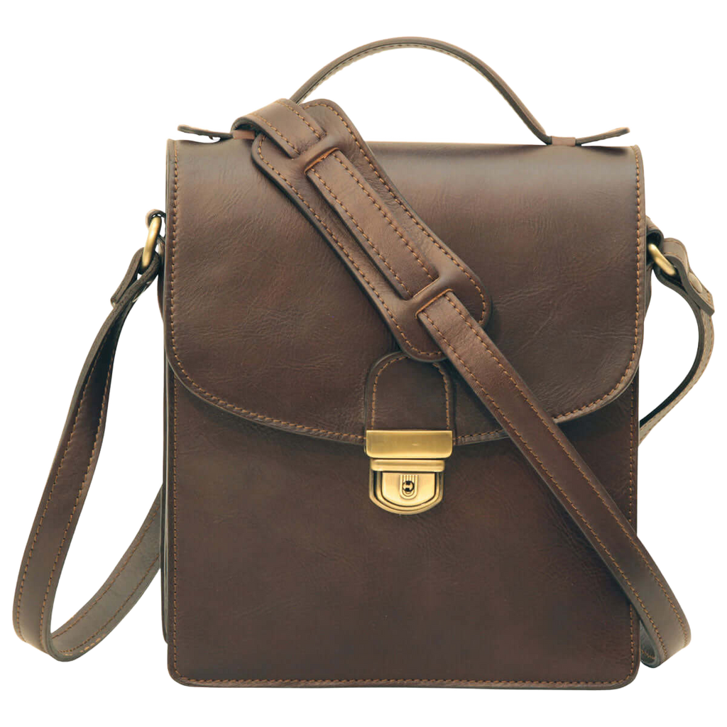 Borsa a tracolla in pelle marrone da uomo, modello artigianale con tracolla regolabile e chiusura con clip.