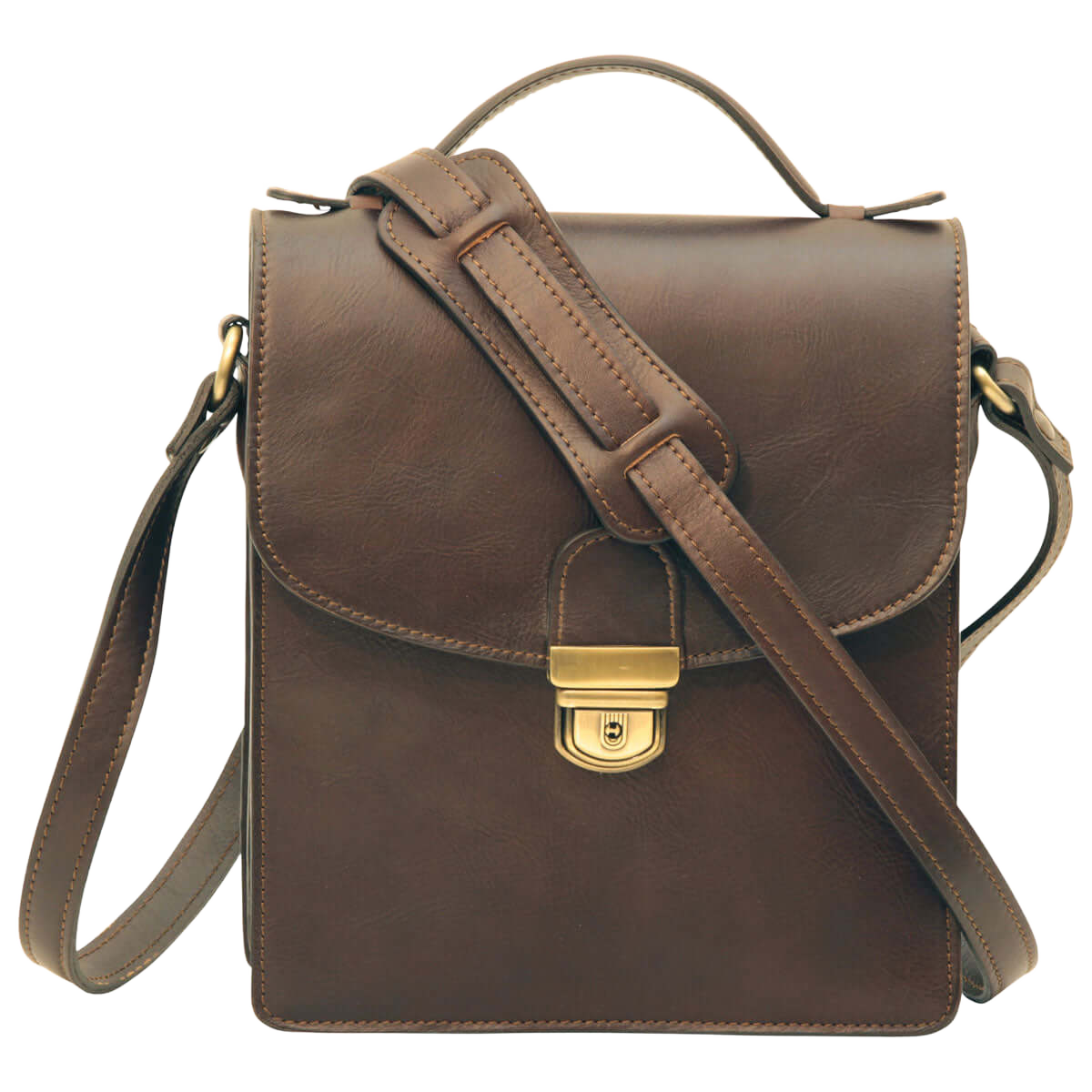 Borsa a tracolla in pelle marrone da uomo, modello artigianale con tracolla regolabile e chiusura con clip.