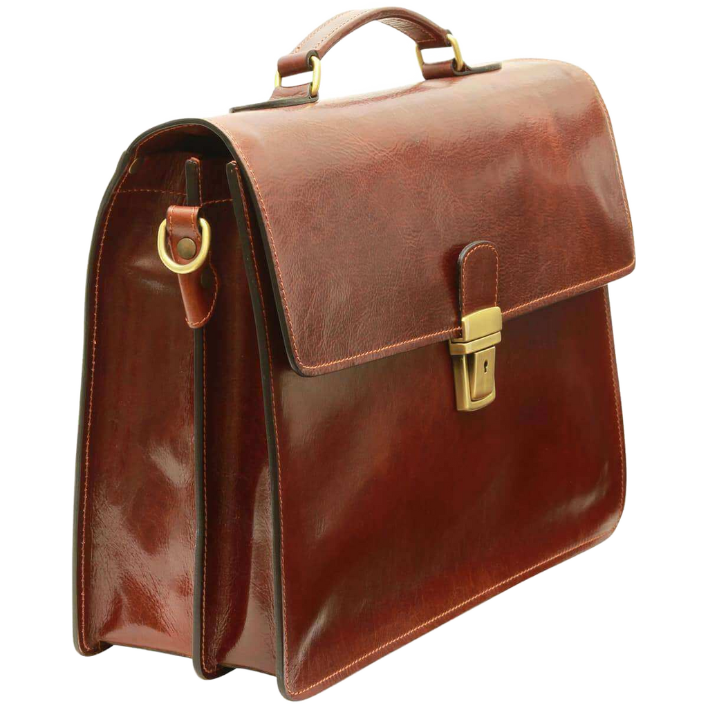 Borsa porta PC in pelle marrone con maniglia e fibbia frontale
