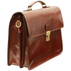 Borsa porta laptop in pelle marrone con manico e fibbia frontale