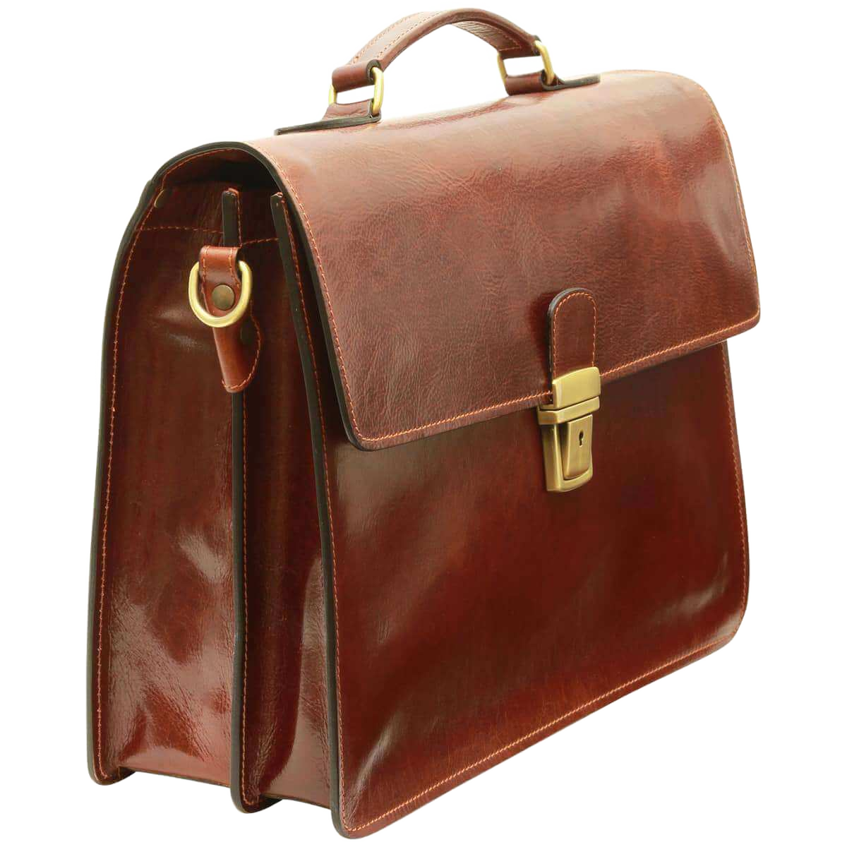 Borsa porta PC in pelle marrone con maniglia e fibbia frontale