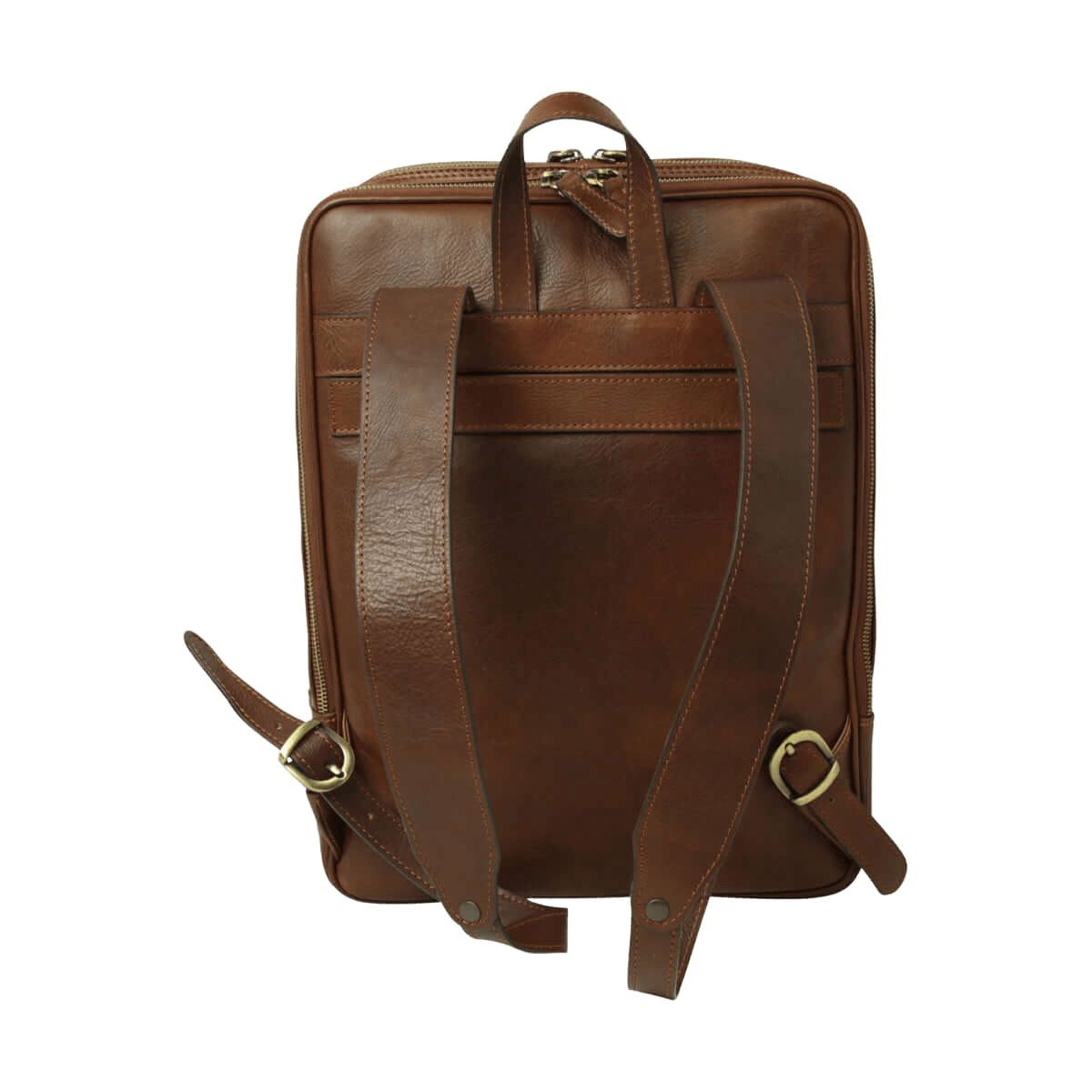 Zaino in pelle marrone con fascia trolley posteriore e cinghie regolabili.