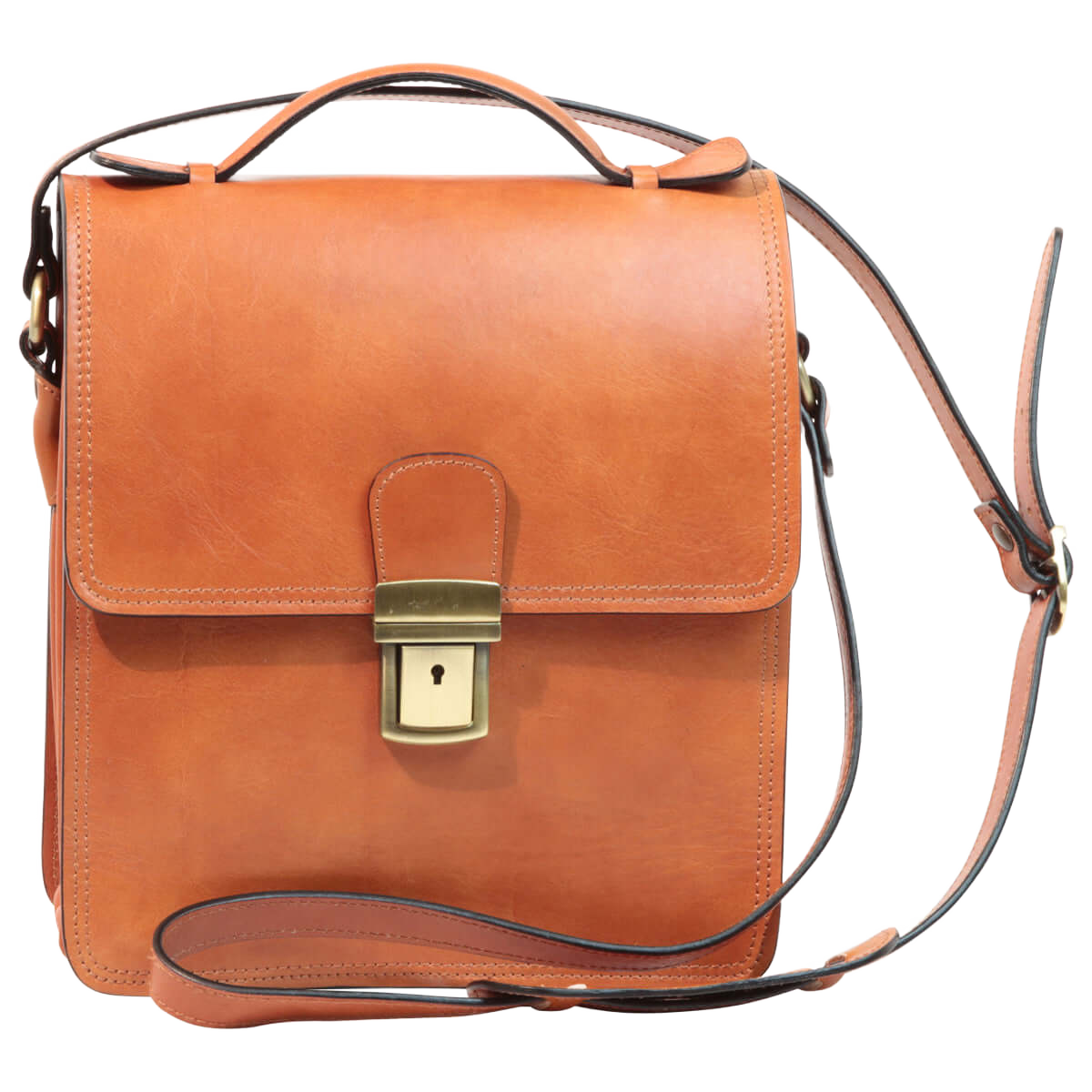 Borsa a tracolla in pelle marrone con patta e fibbia centrale in metallo