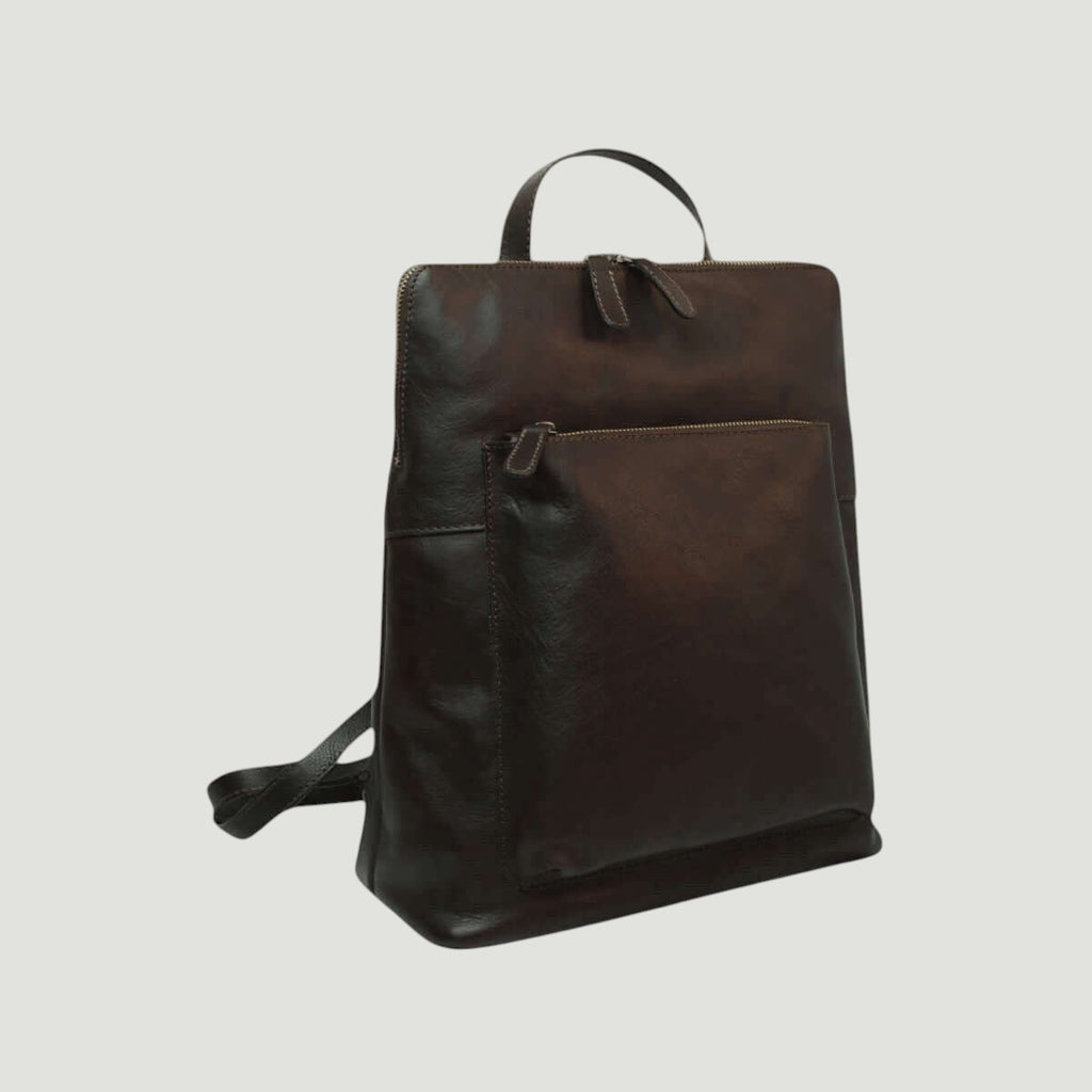 Zaino in pelle marrone scuro con manici, tracolla e zip superiore