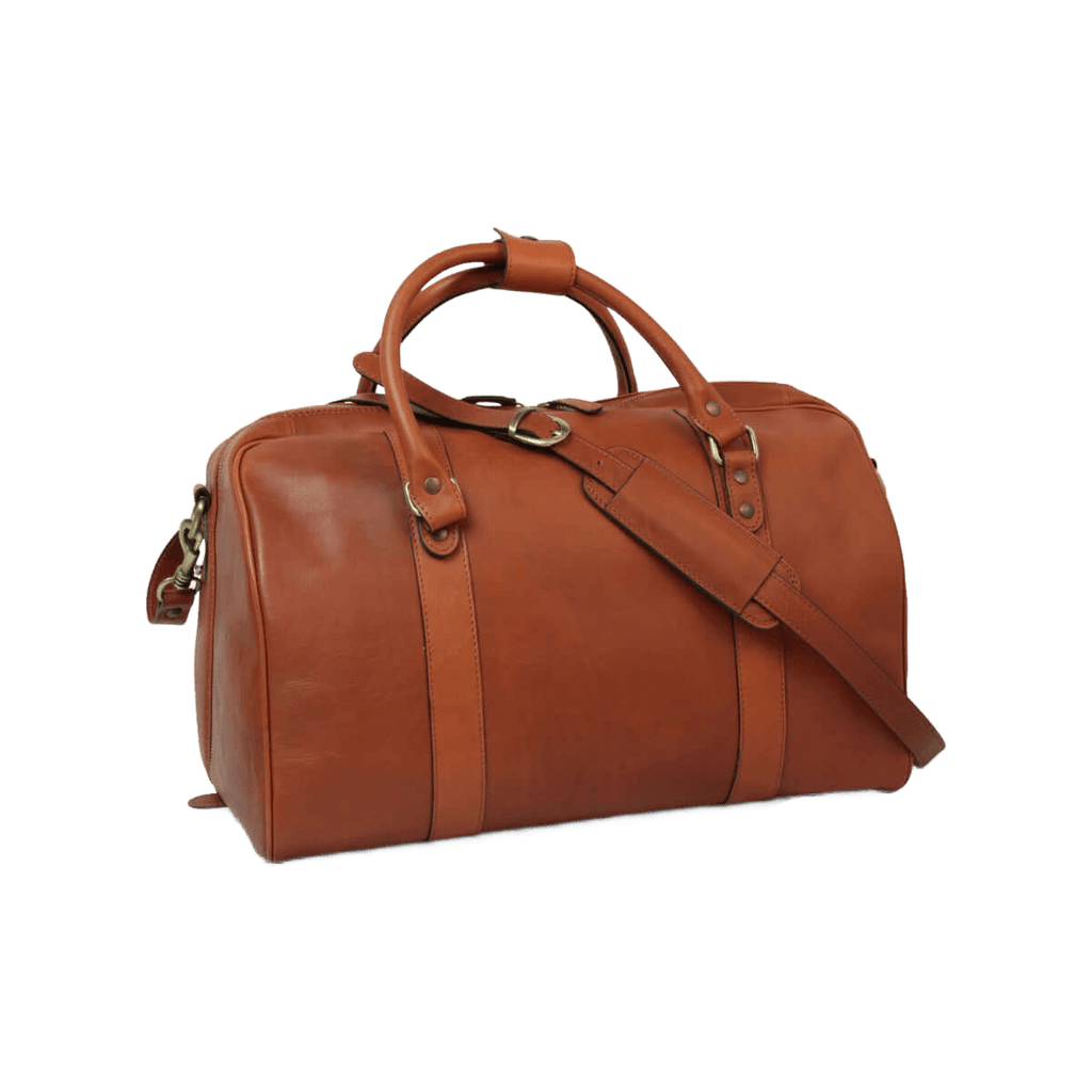 Borsa da viaggio in pelle pieno fiore cuoio con tracolla regolabile e fibbie metalliche.