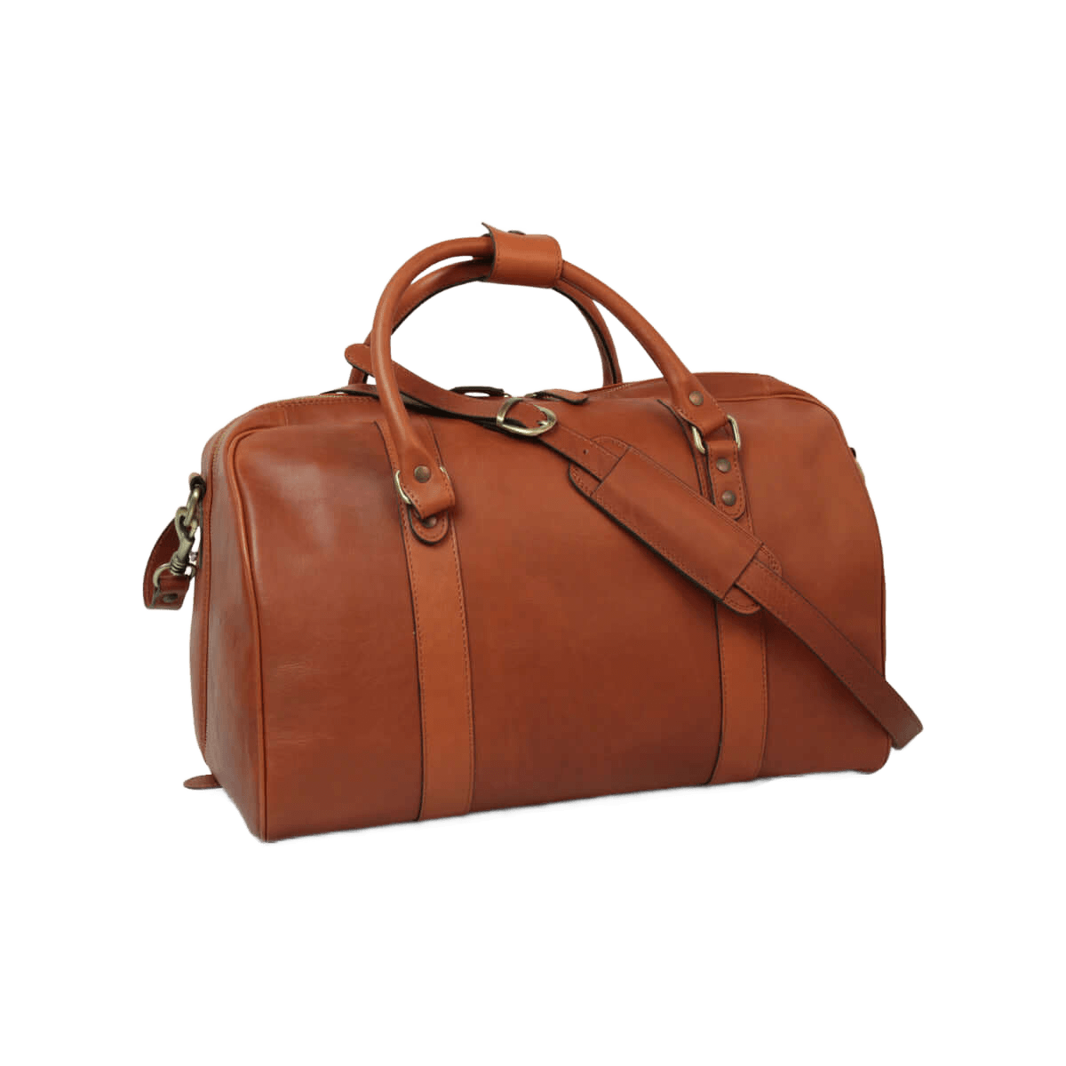 Borsa da viaggio in pelle pieno fiore cuoio con tracolla regolabile e fibbie metalliche.