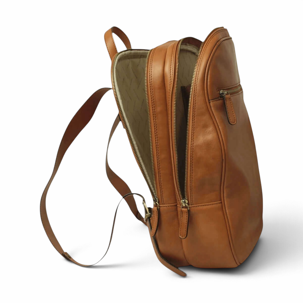 Zaino in pelle pieno fiore marrone coloniale vista laterale con tasca frontale con zip