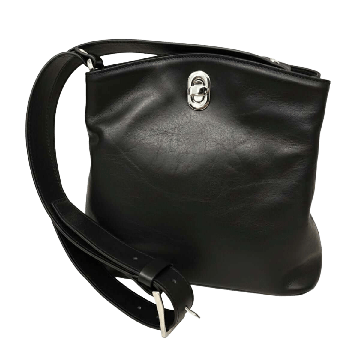 Borsa a secchiello in pelle nera con tracolla e fibbia frontale