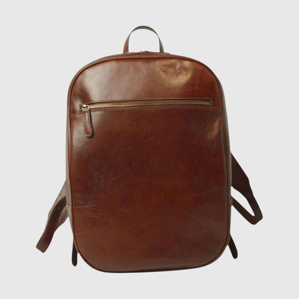 Zaino in pelle di vitello marrone con tasca frontale con zip
