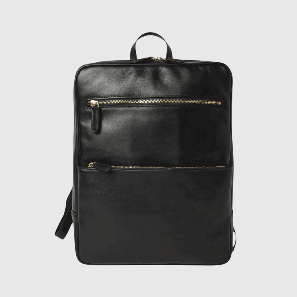 Zaino in pelle nera con maniglia superiore e zip frontale color oro