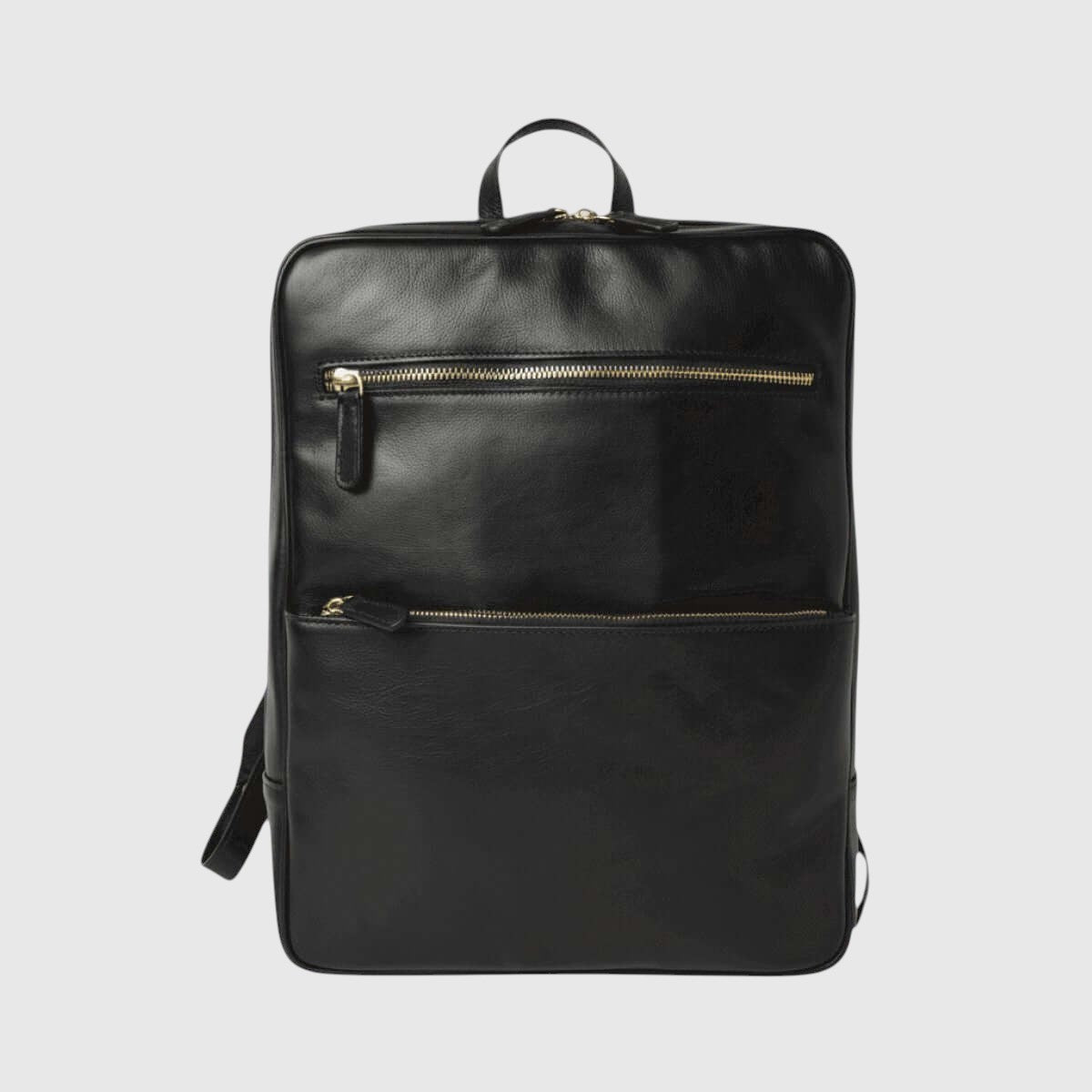 Zaino in pelle nera con maniglia superiore e zip frontale color oro