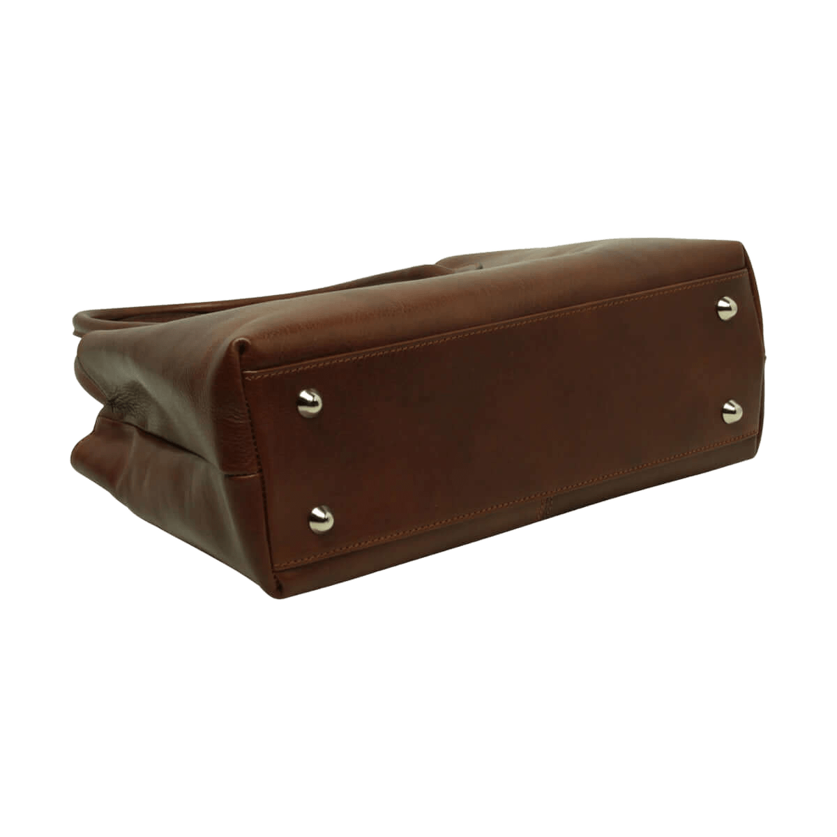 Borsa in pelle marrone con pattina anteriore e chiusure metalliche a bottoni